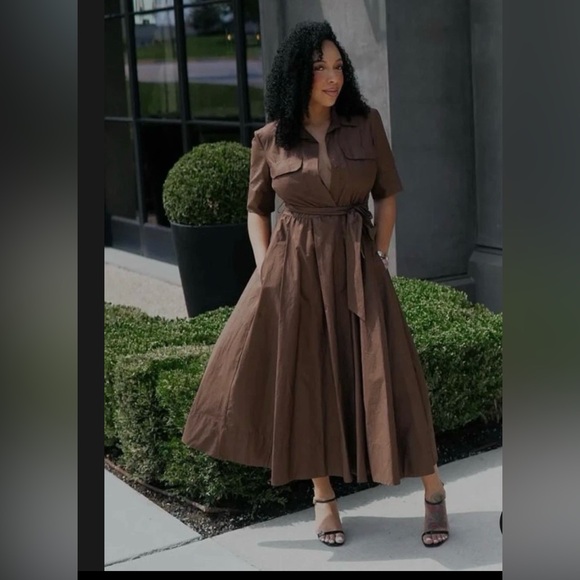 ZARA NEW WOMAN FW25 BELTED ZW COLLECTION POPLIN DRESS BROWN size L - Picture 2 of 4